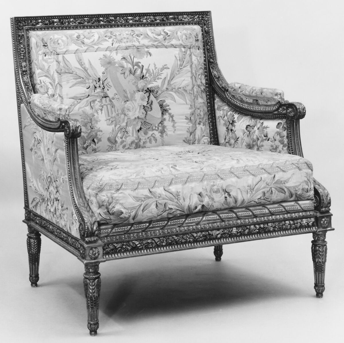 Small settee (part of a set), Georges Jacob (French, Cheny 1739–1814 Paris), Carved and gilded walnut; 18th-century embroidered silk-satin (not original to the frame), French 