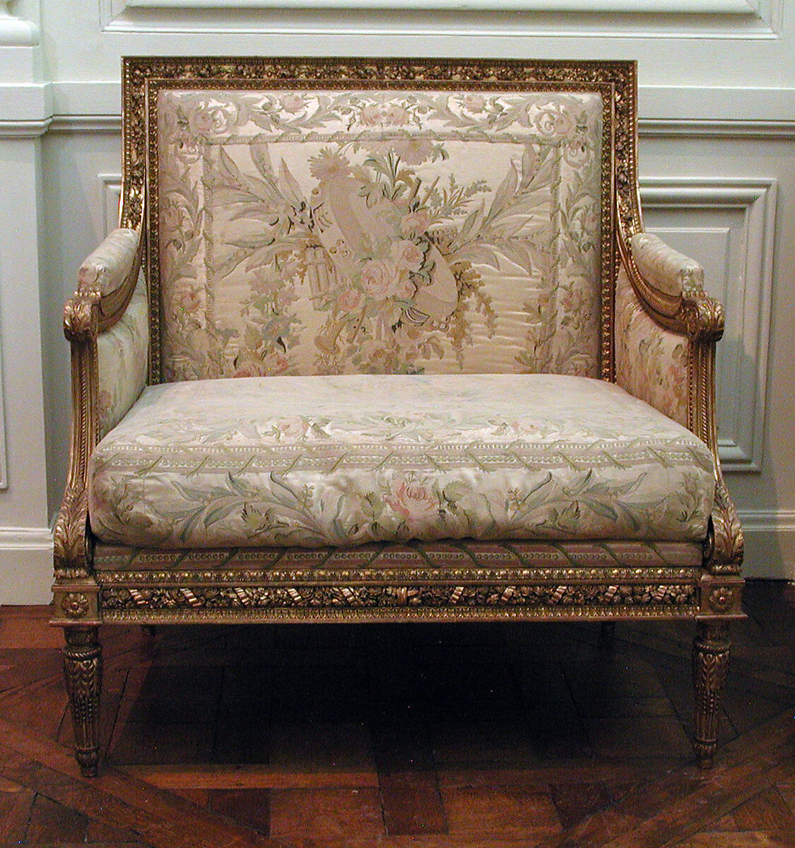 Small settee (Marquise) (part of a set), Georges Jacob (French, Cheny 1739–1814 Paris), Carved and gilded walnut; 18th-century embroidered silk-satin (not original to the frame), French