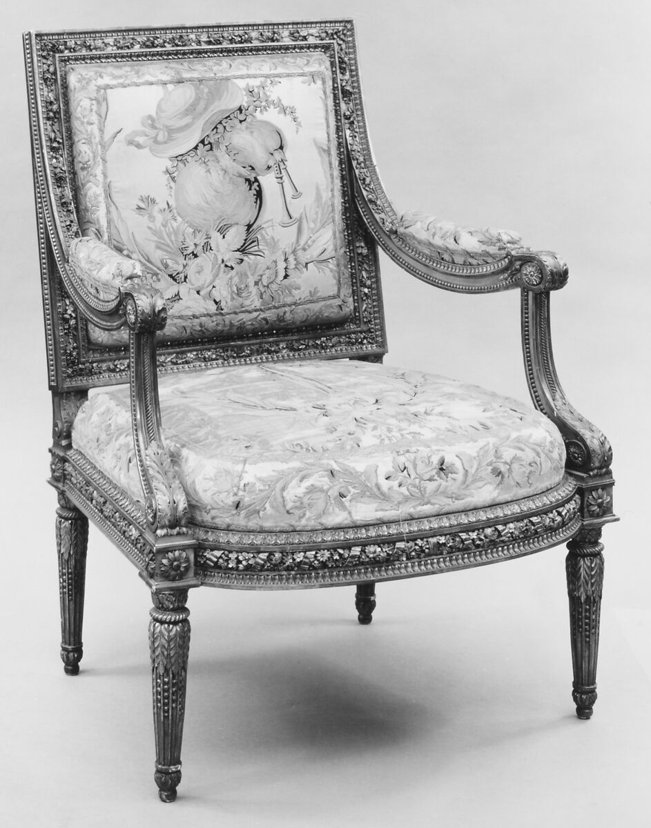 Armchair (part of a set), Carlhian  , Paris, Carved and gilded walnut; embroidered silk-satin, French 