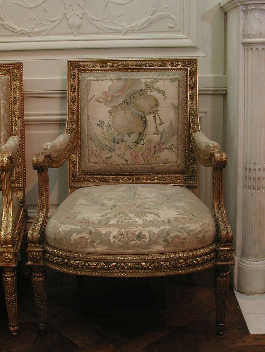Armchair (part of a set), Carlhian  , Paris, Carved and gilded walnut; embroidered silk-satin, French