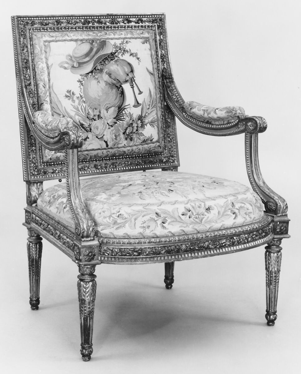 Armchair (part of a set), Georges Jacob (French, Cheny 1739–1814 Paris), Carved and gilded walnut; 18th-century embroidered silk-satin (not original to the frame), French, Paris 