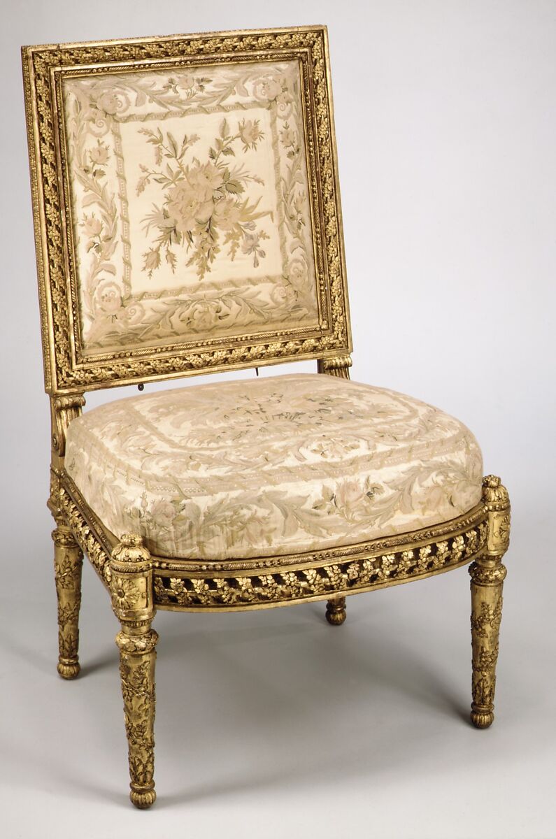 Side chair (one of a pair) (part of a set), Georges Jacob (French, Cheny 1739–1814 Paris), Carved and gilded walnut; embroidered silk-satin, French, Paris 