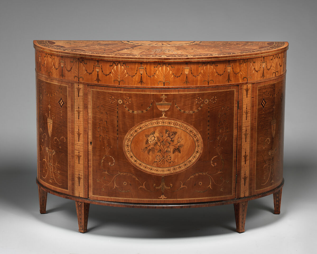 Commode (one of a pair), Attributed to William Moore (active 1782–1815), Harewood and satinwood, inlaid with various woods, carcass of pine, Irish 