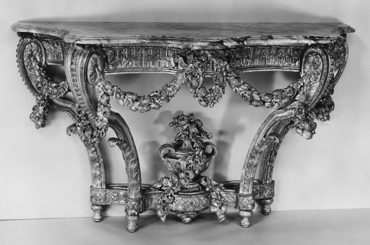 Console table (one of a pair), Carved and gilded oak; Sarrancolin marble top, French