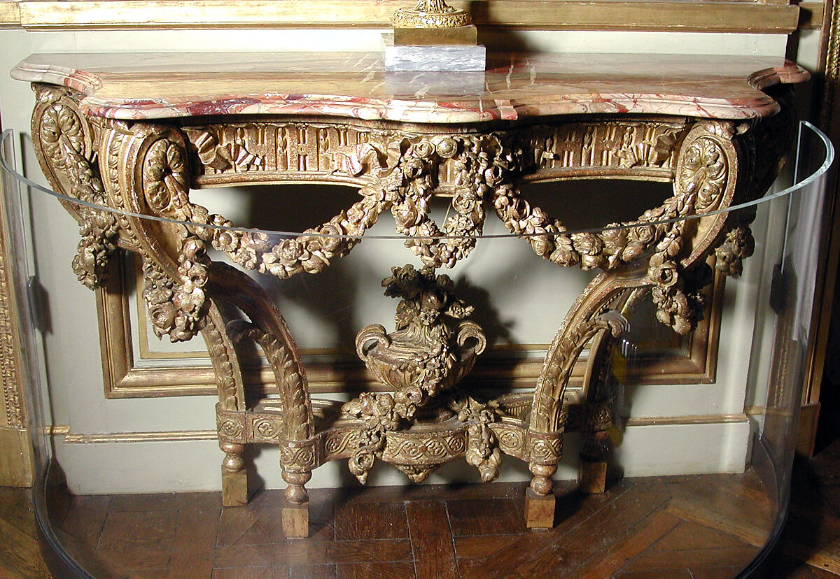 Console table (one of a pair), Carved and gilded oak; Sarrancolin marble top, French 