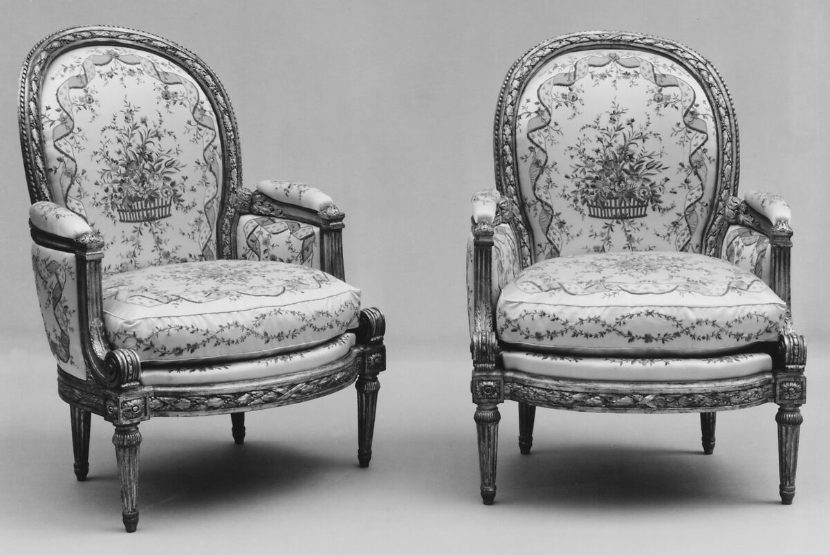 Armchair (Bergère) (one of a pair) (part of a set), Louis Delanois (French, 1731–1792), Carved and gilded mahogany, modern silk damask, French, Paris
