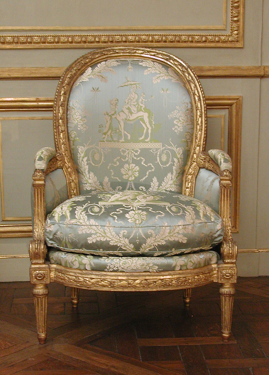 Armchair (Bergère) (one of a pair) (part of a set), Louis Delanois (French, 1731–1792), Carved and gilded mahogany, modern silk damask, French, Paris 