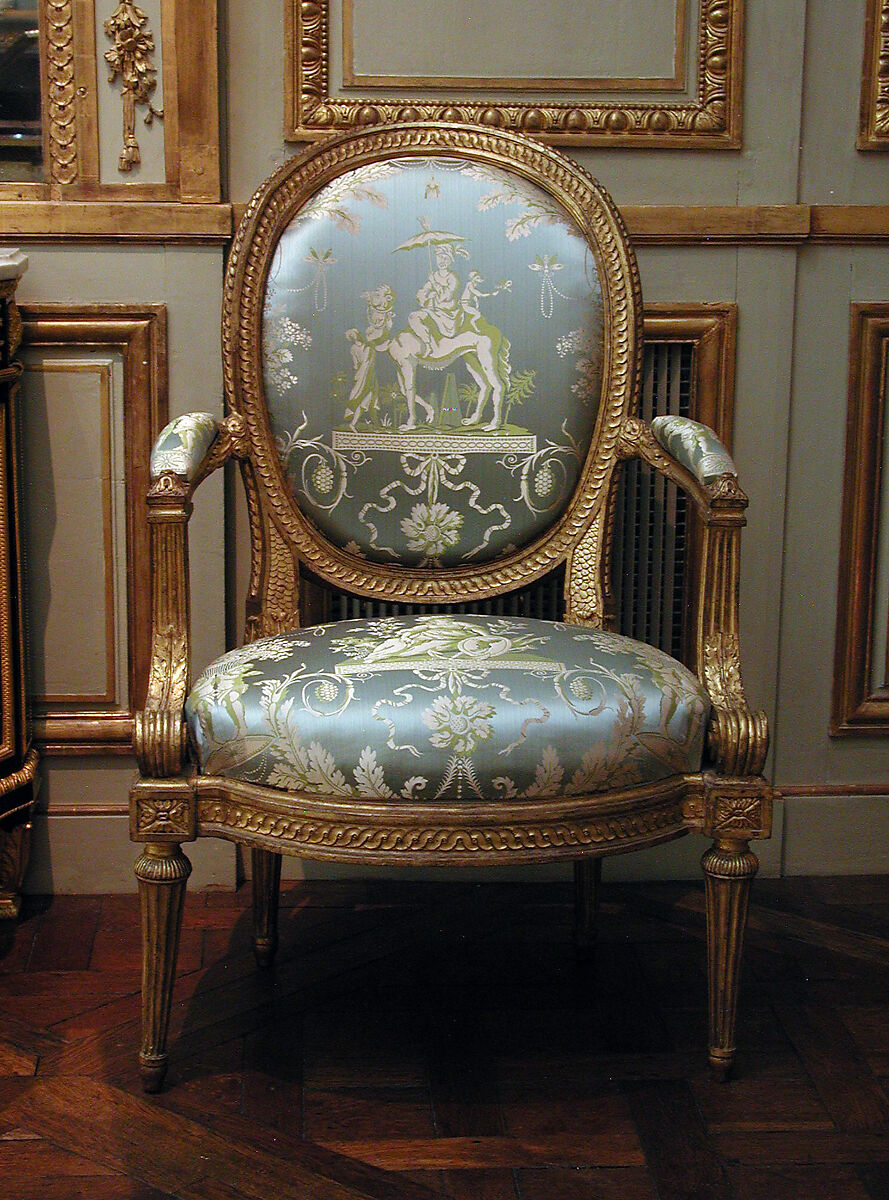 Armchair (one of four) (part of a set), Louis Delanois (French, 1731–1792), Carved and gilded mahogany, modern silk damask, French, Paris 