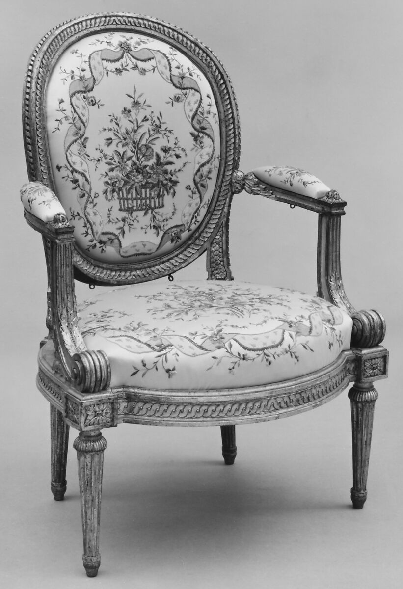 Armchair (one of four) (part of a set), Louis Delanois (French, 1731–1792), Carved and gilded mahogany, modern silk damask, French, Paris
