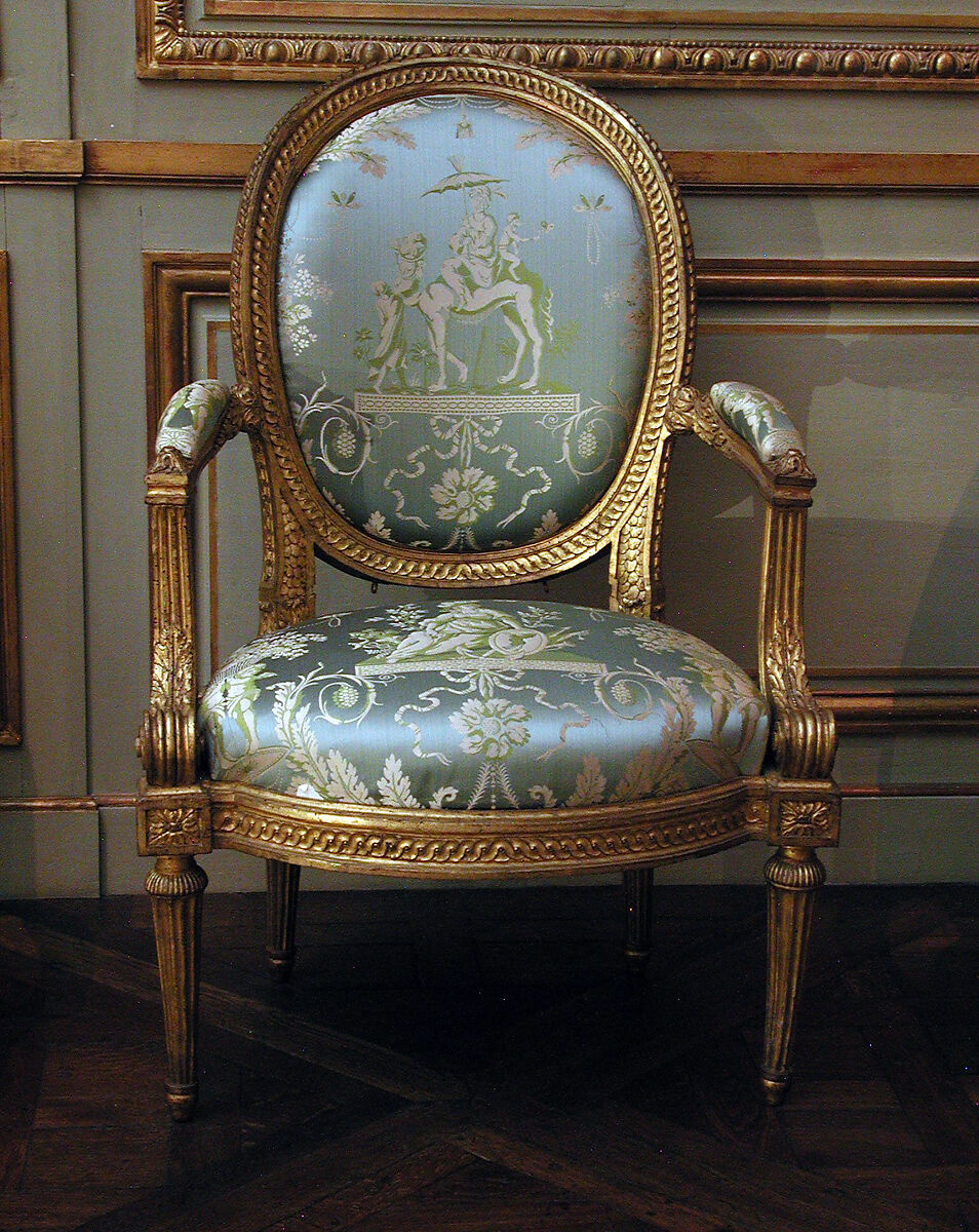 Armchair (one of four) (part of a set), Louis Delanois (French, 1731–1792), Carved and gilded mahogany, modern silk damask, French, Paris 