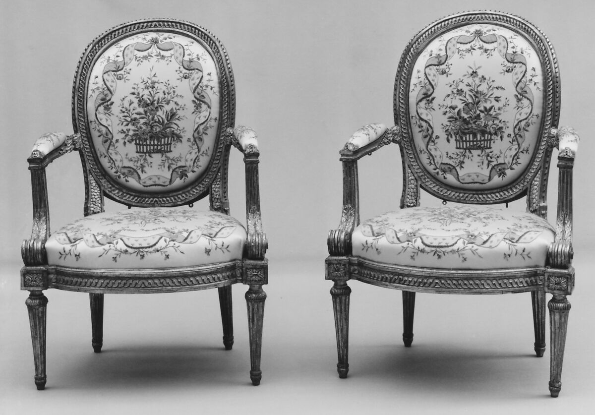 Armchair (one of four) (part of a set), Louis Delanois (French, 1731–1792), Carved and gilded mahogany, modern silk damask, French, Paris