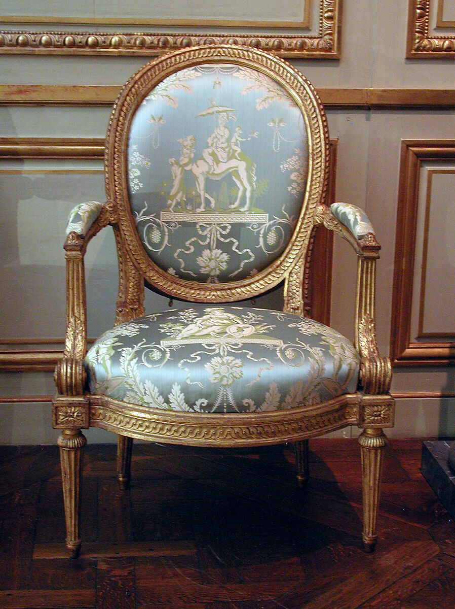 Armchair (one of four) (part of a set), Louis Delanois (French, 1731–1792), Carved and gilded mahogany, modern silk damask, French, Paris 