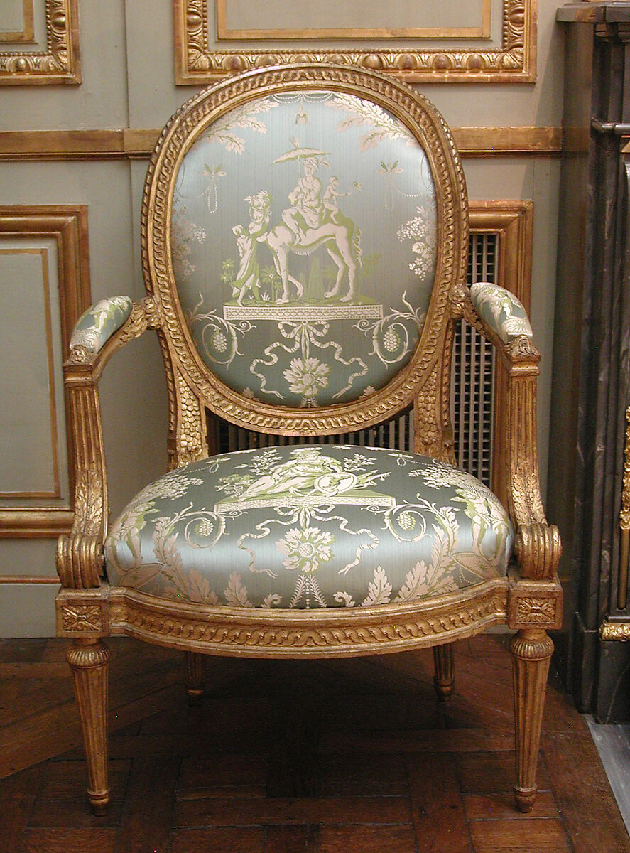 Armchair (one of four) (part of a set), Louis Delanois (French, 1731–1792), Carved and gilded mahogany, modern silk damask, French, Paris 
