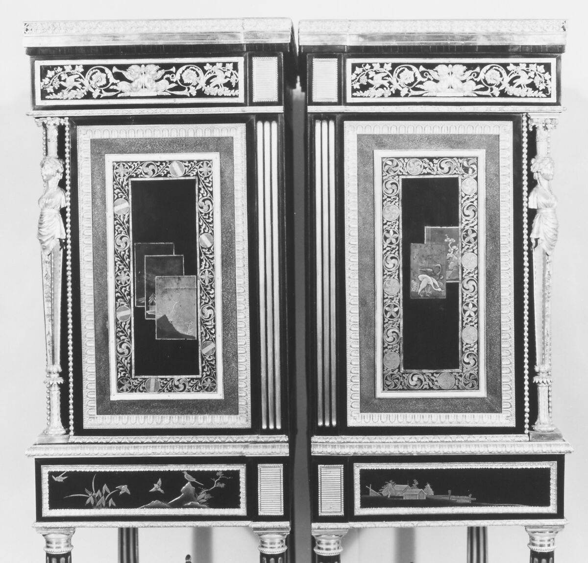 Drop-front secretary on stand (Secrètaire à abattant or secrétaire en cabinet) (one of a pair) (part of a set), Adam Weisweiler (French, 1744–1820), Oak veneered with ebony, amaranth, holly, ebonized holly, satinwood, Japanese and French lacquer panels, gilt-bronze mounts, brocatelle marble top (not original); steel springs; morocco leather (not original), French, Paris