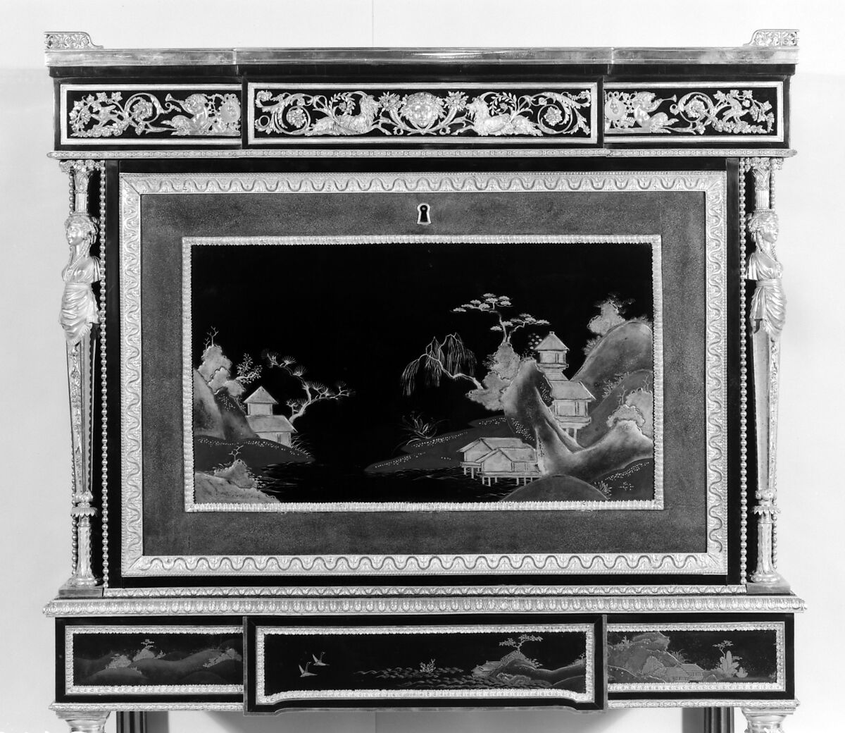 Drop-front secretary on stand (Secrètaire à abattant or secrétaire en cabinet) (one of a pair) (part of a set), Adam Weisweiler (French, 1744–1820), Oak veneered with ebony, amaranth, holly, ebonized holly, satinwood, Japanese and French lacquer panels, gilt-bronze mounts, brocatelle marble top (not original); steel springs; morocco leather (not original), French, Paris