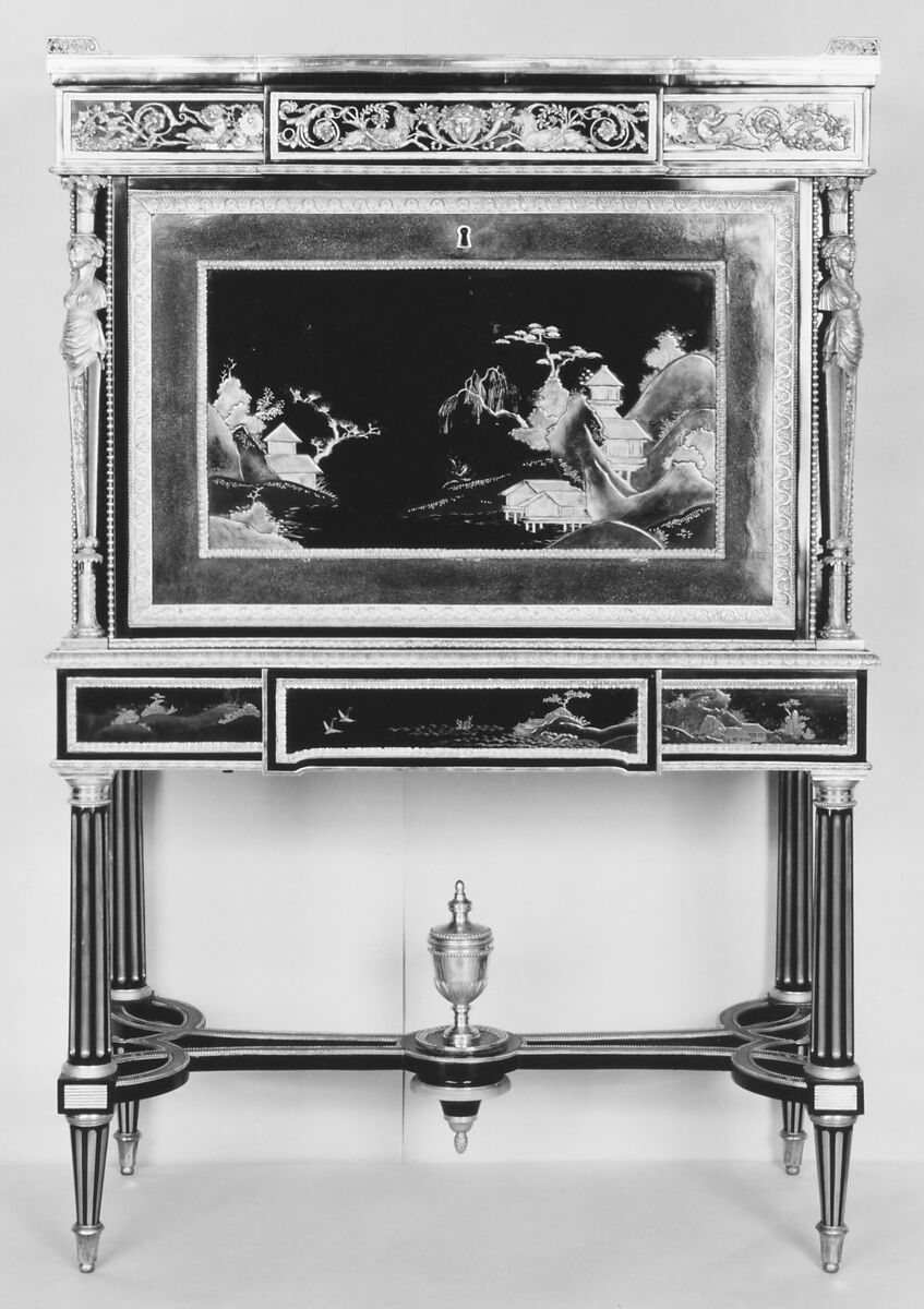 Drop-front secretary on stand (Secrètaire à abattant or secrétaire en cabinet) (one of a pair) (part of a set), Adam Weisweiler (French, 1744–1820), Oak veneered with ebony, amaranth, holly, ebonized holly, satinwood, Japanese and French lacquer panels, gilt-bronze mounts, brocatelle marble top (not original); steel springs; morocco leather (not original), French, Paris