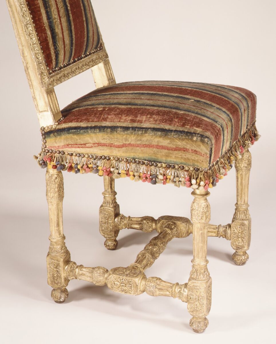 Side chair (one of a pair), Carved and gilded beechwood, covered in wool velvet (moquette), French