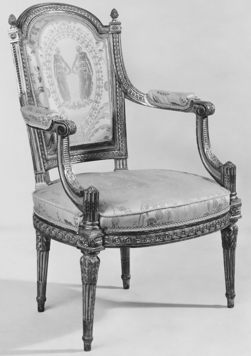 Armchair (fauteuil en cabriolet) (one of a pair) (part of a set), Jean-Baptiste-Bernard Demay (1759–1849, master 1784), Carved and gilded beech, modern silk lampas, French