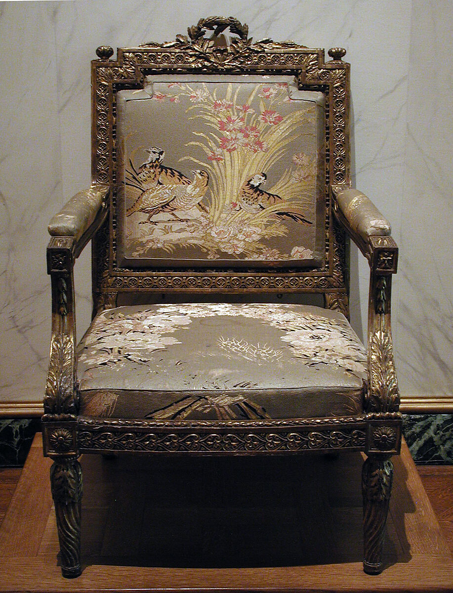 Armchair (one of a pair), Claude Chevigny (master 1768–88), Carved and gilded beech; modern silk brocade, French, Paris 