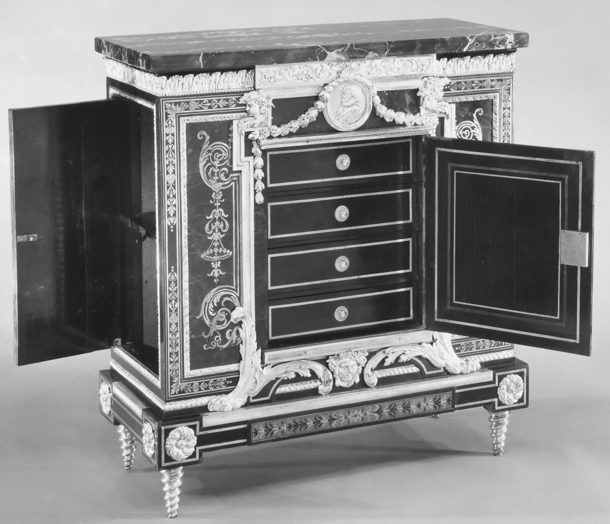 Low cabinet (meuble à hauteur d'appui) (one of a pair), after a design by André Charles Boulle (French, Paris 1642–1732 Paris), Oak and pine veneered with ebony and marquetry of tortoiseshell, brass, and pewter; gilt bronze; Porto marble, French