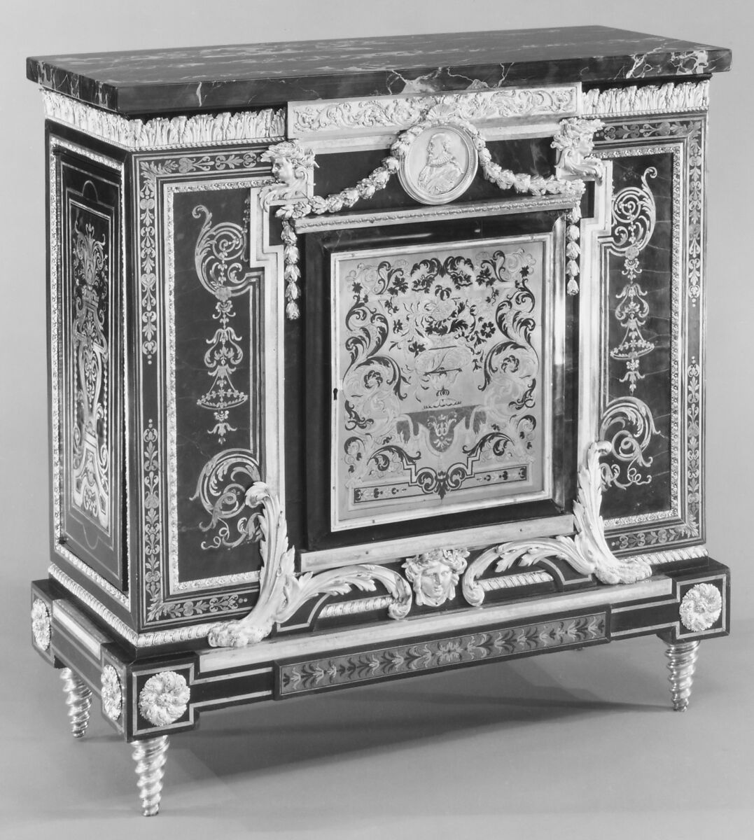 Low cabinet (meuble à hauteur d'appui) (one of a pair), after a design by André Charles Boulle (French, Paris 1642–1732 Paris), Oak and pine veneered with ebony and marquetry of tortoiseshell, brass, and pewter; gilt bronze; Porto marble, French 