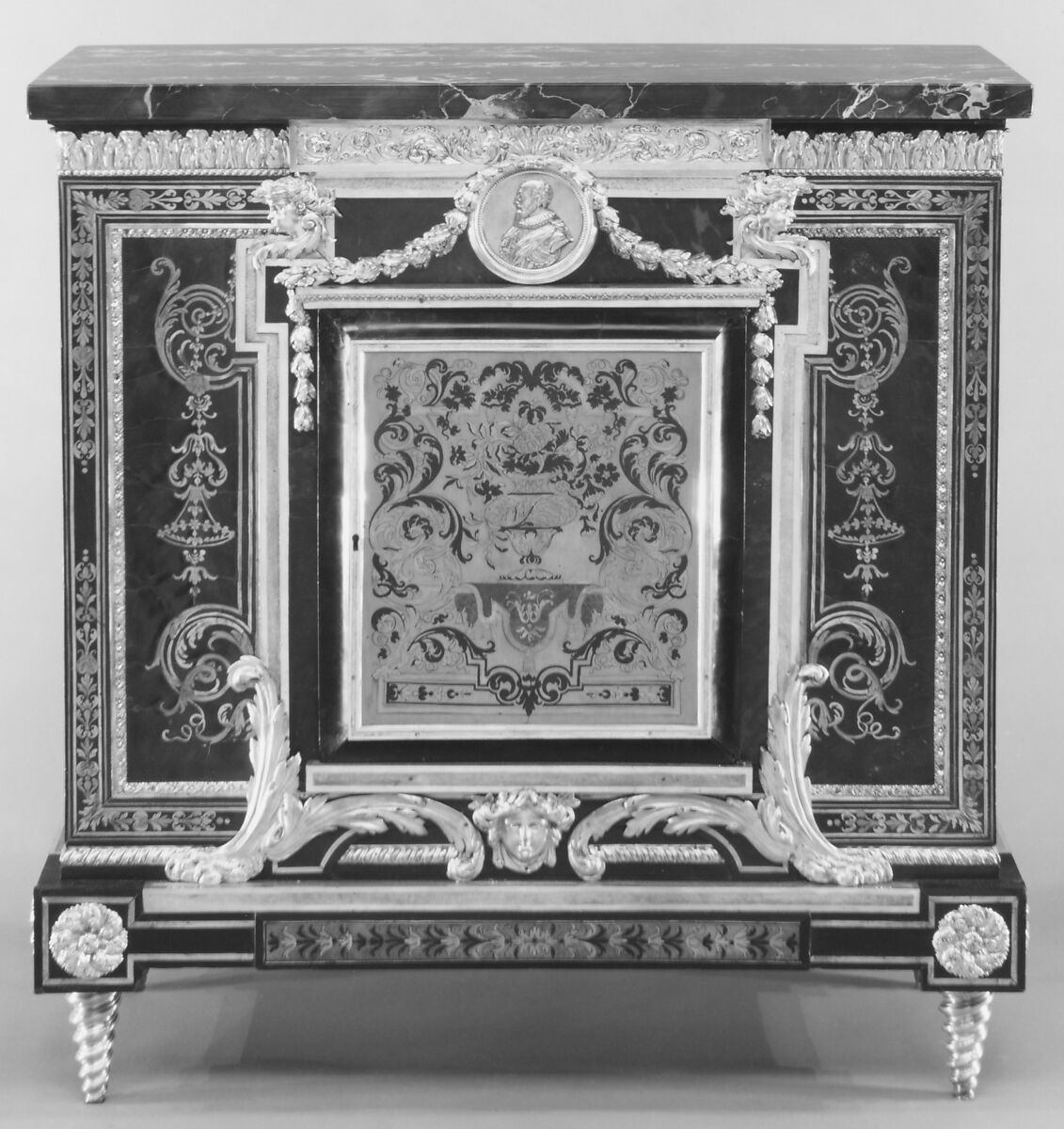 Low cabinet (meuble à hauteur d'appui) (one of a pair), after a design by André Charles Boulle (French, Paris 1642–1732 Paris), Oak and pine veneered with ebony and marquetry of tortoiseshell, brass, and pewter; gilt bronze; Porto marble, French
