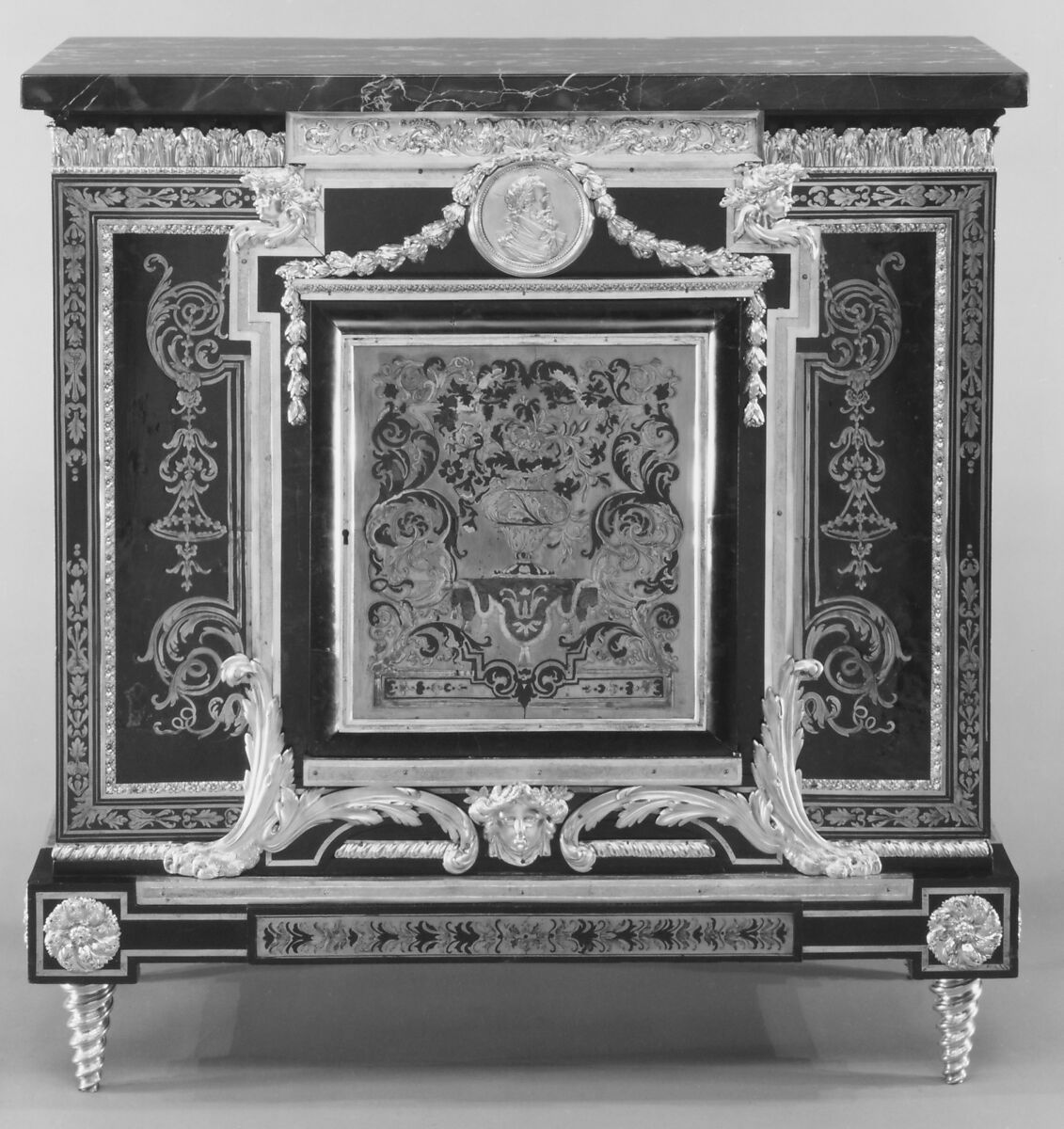 Low cabinet (meuble à hauteur d'appui) (one of a pair), after a design by André Charles Boulle (French, Paris 1642–1732 Paris), Oak and pine veneered with ebony and marquetry of tortoiseshell, brass, and pewter; gilt bronze; Porto marble, French