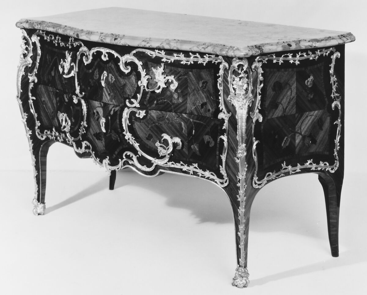Commode (one of a pair), Jacques Dubois (French, 1694–1763), Oak, veneered with tulipwood, purplewood, kingwood and sycamore; gilt-bronze mounts, brèche d'Alep marble top, French 