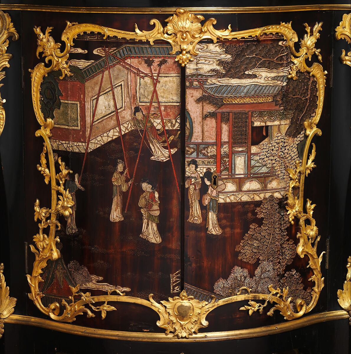 Corner cabinet (encoignure) (one of a pair), Bernard II van Risenburgh (ca. 1696–ca. 1767), Oak veneered with ebony and Coromandel lacquer, cherry wood, and purplewood; gilt-bronze mounts; brocatelle marble top, French, Paris