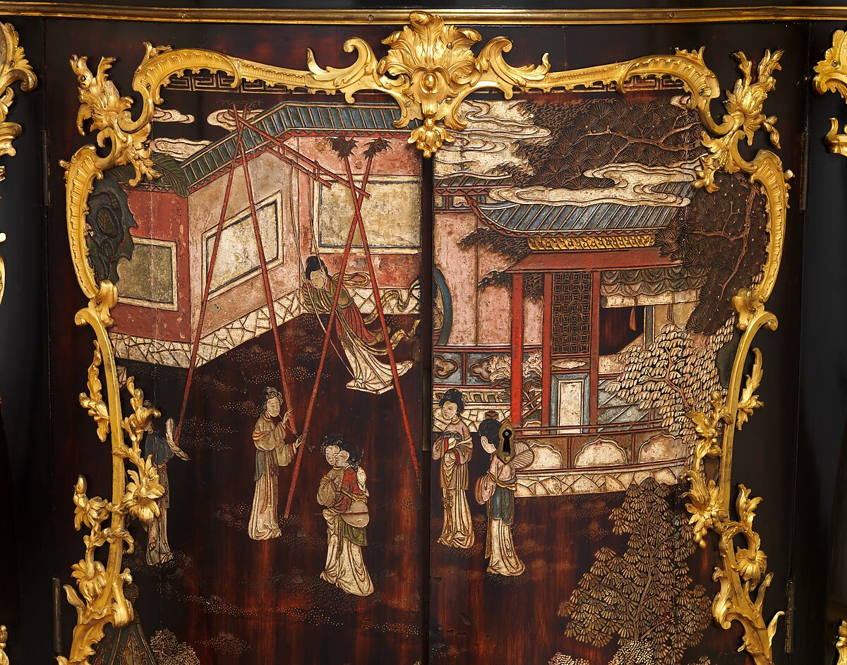Corner cabinet (encoignure) (one of a pair), Bernard II van Risenburgh (ca. 1696–ca. 1767), Oak veneered with ebony and Coromandel lacquer, cherry wood, and purplewood; gilt-bronze mounts; brocatelle marble top, French, Paris