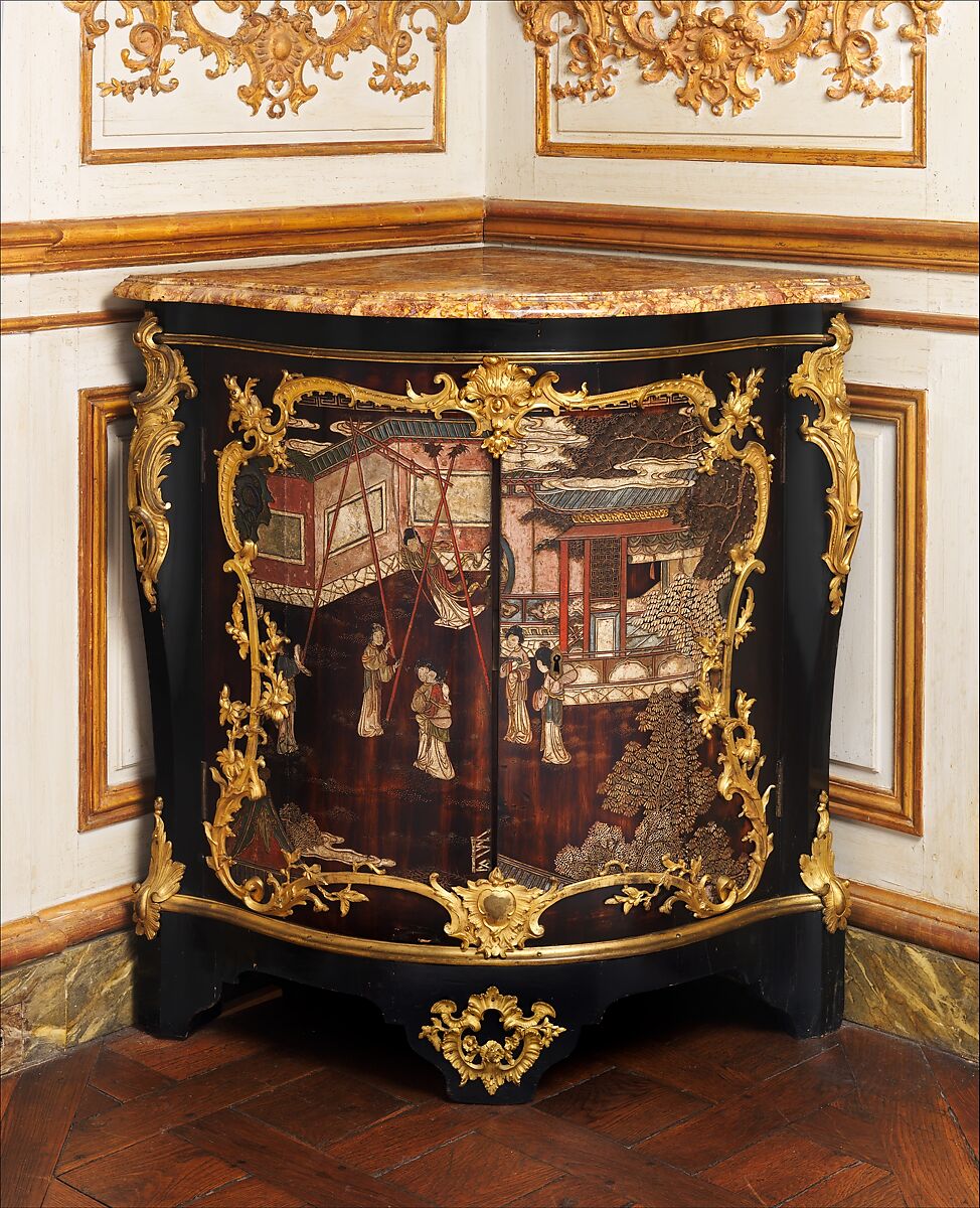 Corner cabinet (encoignure) (one of a pair), Bernard II van Risenburgh (ca. 1696–ca. 1767), Oak veneered with ebony and Coromandel lacquer, cherry wood, and purplewood; gilt-bronze mounts; brocatelle marble top, French, Paris 