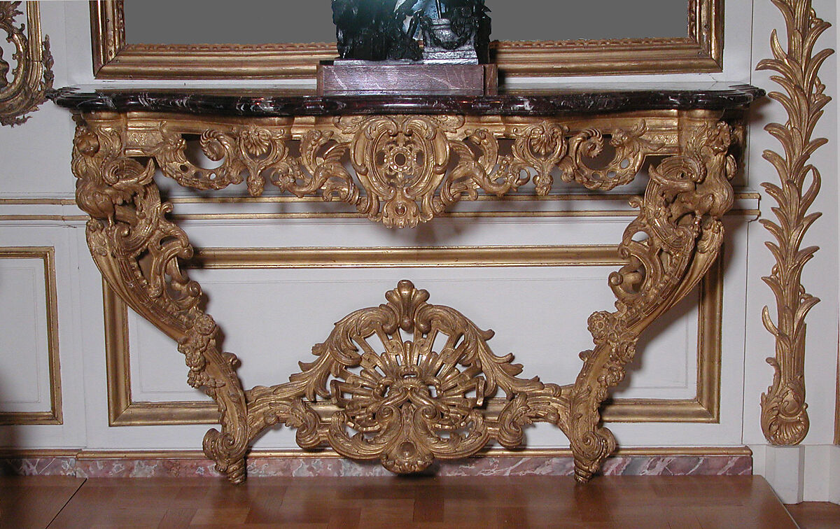 Console table (one of a pair), possibly by François Rournier (active 1716–46), Carved and gilded oak, with top of rouge royal marble, French 