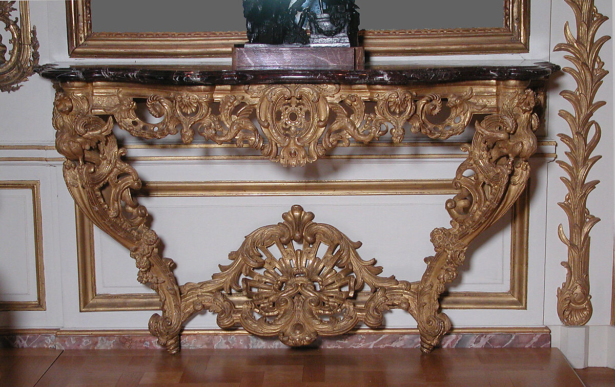 Console table (one of a pair), François Rournier, Carved and gilded oak, with top of rouge royal marble, French