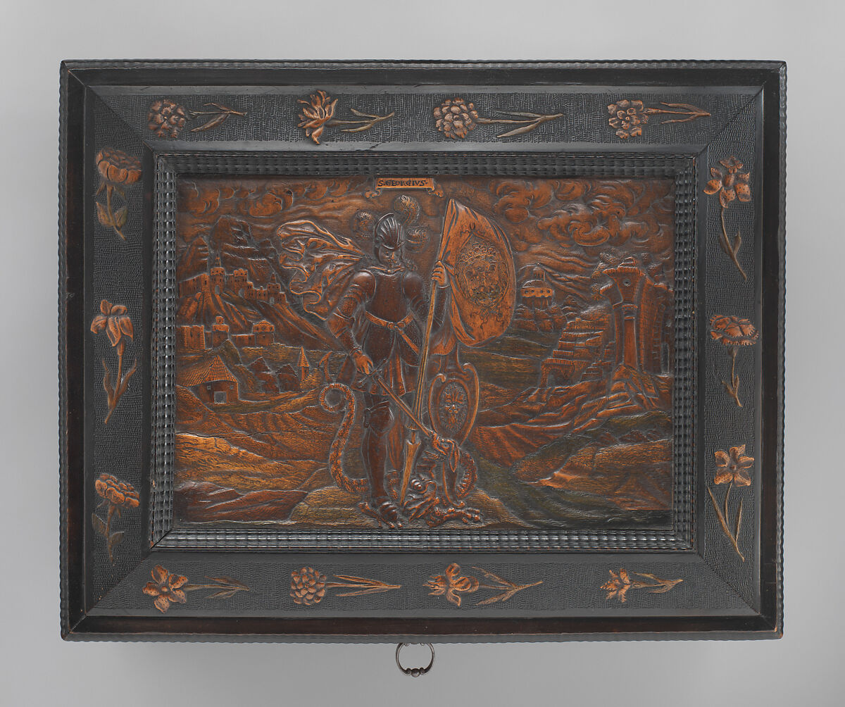 Casket with allegories of the Four Elements, Attributed to Adam Eck (1604–1664), Various soft and fruit woods, partly stained and ebonized, carved, ebonized; marbelized paper lined interior; iron mounts, Czech, Chêb (Bohemian, Eger)