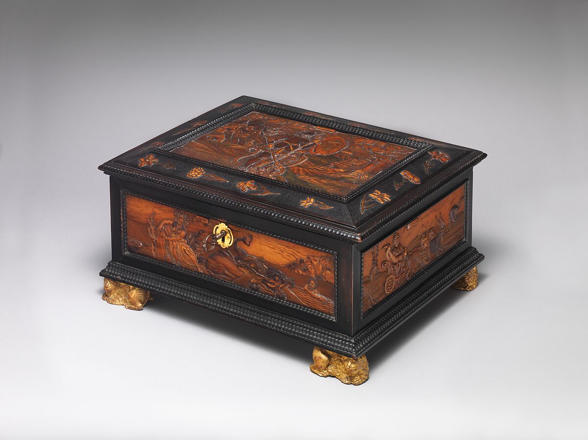 Casket with allegories of the Four Elements, Attributed to Adam Eck (1604–1664), Various soft and fruit woods, partly stained and ebonized, carved, ebonized; marbelized paper lined interior; iron mounts, Czech, Chêb (Bohemian, Eger) 