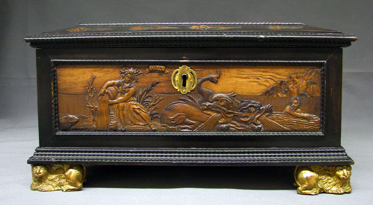 Casket with allegories of the Four Elements, Attributed to Adam Eck (1604–1664), Various soft and fruit woods, partly stained and ebonized, carved, ebonized; marbelized paper lined interior; iron mounts, Czech, Chêb (Bohemian, Eger)