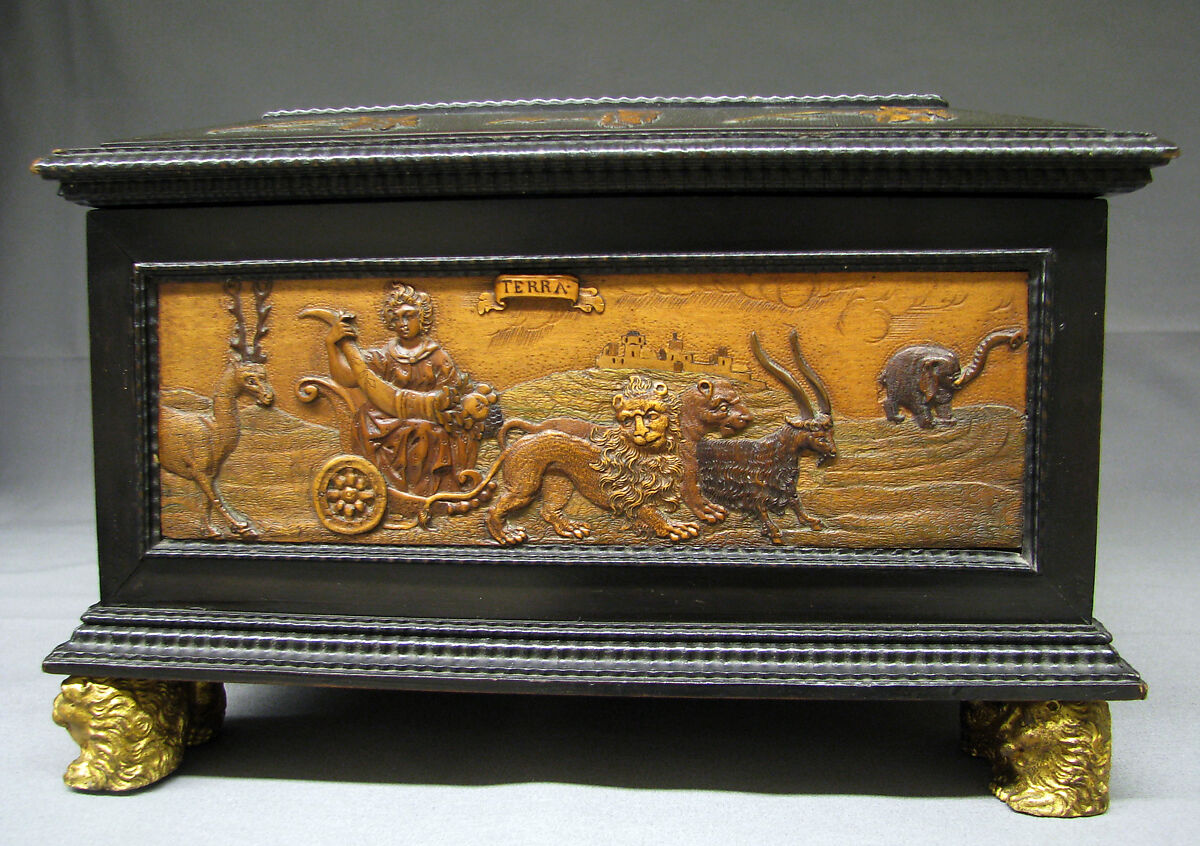 Casket with allegories of the Four Elements, Attributed to Adam Eck (1604–1664), Various soft and fruit woods, partly stained and ebonized, carved, ebonized; marbelized paper lined interior; iron mounts, Czech, Chêb (Bohemian, Eger)