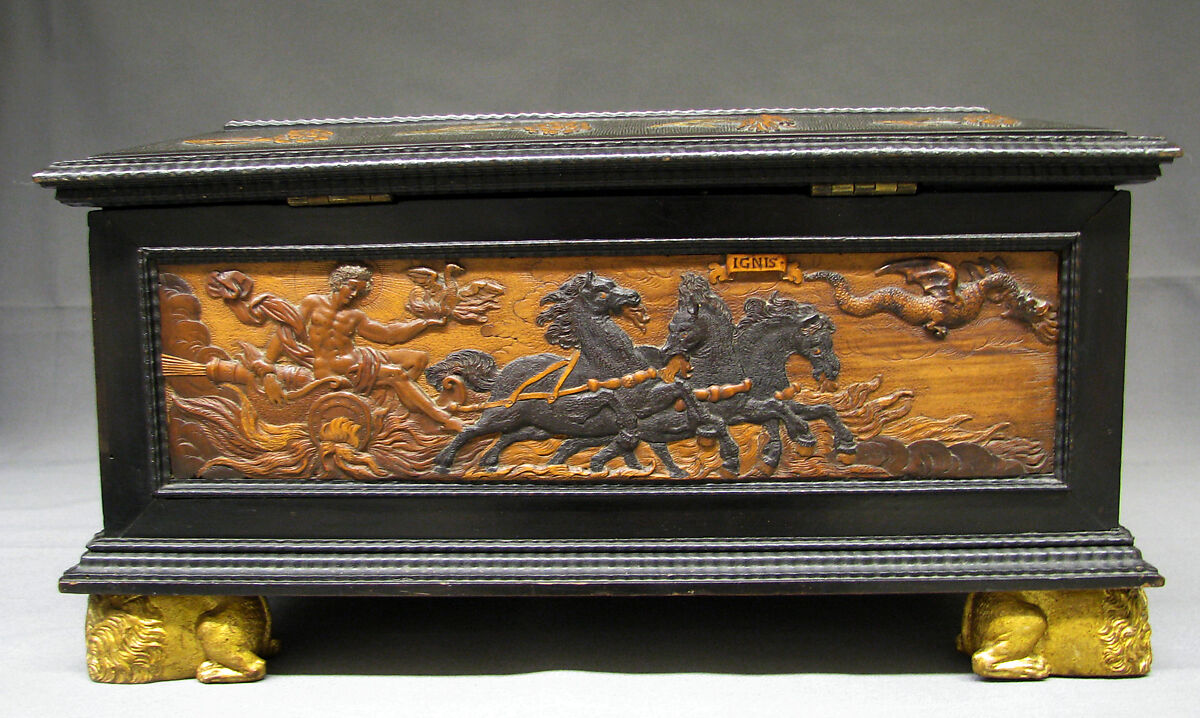 Casket with allegories of the Four Elements, Attributed to Adam Eck (1604–1664), Various soft and fruit woods, partly stained and ebonized, carved, ebonized; marbelized paper lined interior; iron mounts, Czech, Chêb (Bohemian, Eger)
