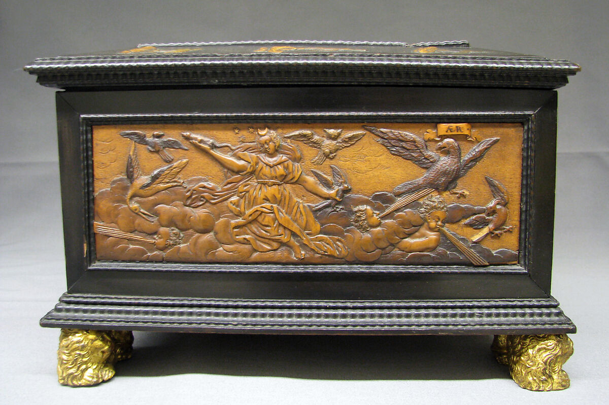 Casket with allegories of the Four Elements, Attributed to Adam Eck (1604–1664), Various soft and fruit woods, partly stained and ebonized, carved, ebonized; marbelized paper lined interior; iron mounts, Czech, Chêb (Bohemian, Eger)