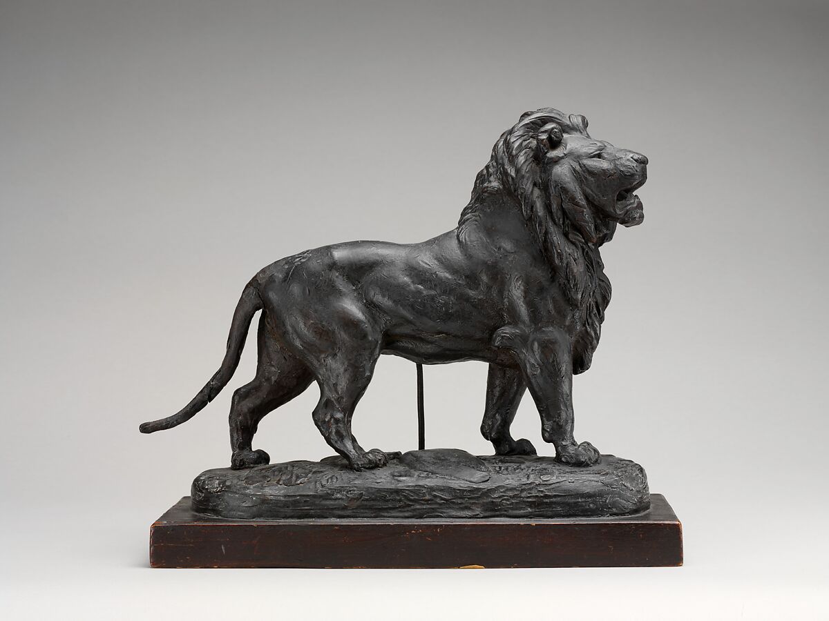 Standing Lion (Lionne debout), Attributed to Antoine-Louis Barye (French, Paris 1795–1875 Paris), Plaster, covered with wax, on a wooden base, French 