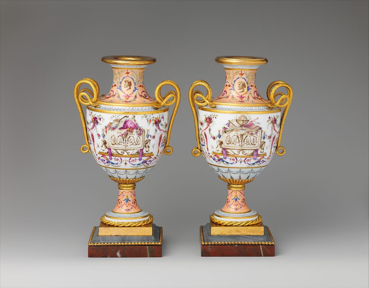 Pair of vases, Sèvres Manufactory (French, 1740–present), Hard-paste porcelain; gilt bronze, marble, French, Sèvres