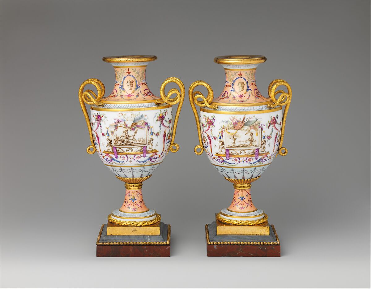 Pair of vases, Sèvres Manufactory (French, 1740–present), Hard-paste porcelain; gilt bronze, marble, French, Sèvres 