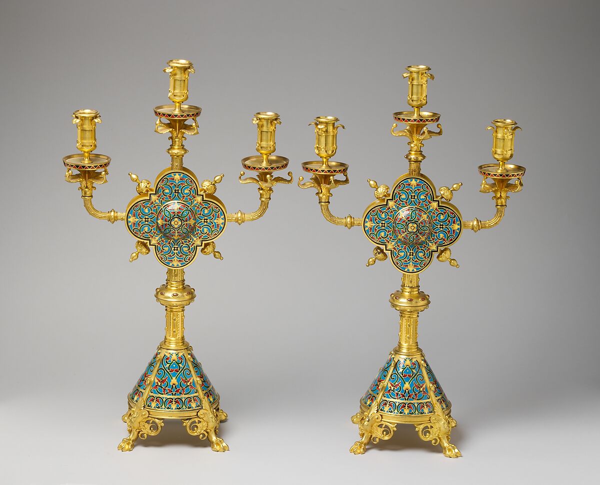 Pair of candelabra, Maison Ferdinand Barbedienne (French, 1834–1954), Gilt brass, cloisonné enamel, French, Paris 