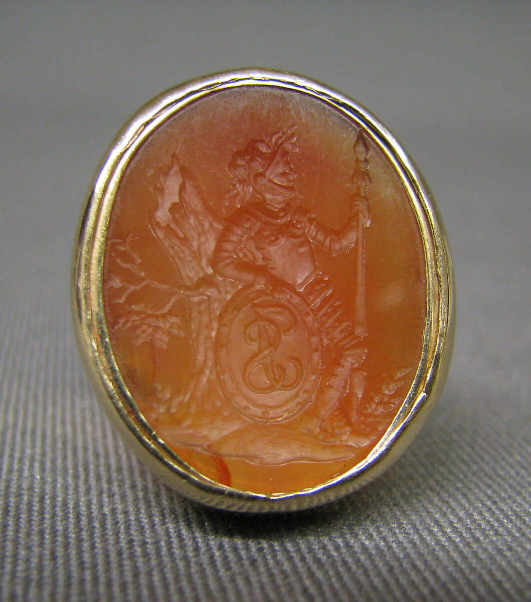 Knight supporting a shield and leaning against a tree, Carnelian, mounted in gold as a ring (modern), European 