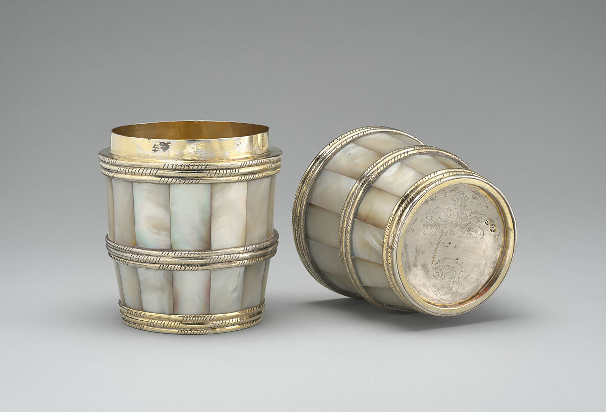 Double beaker, Georg Rühl (master 1598, died 1625), Gilded silver, mother-of-pearl, German, Nuremberg