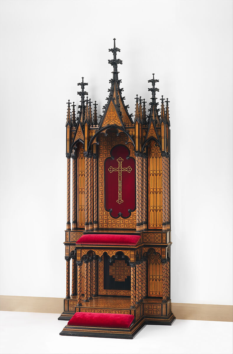 Prie-dieu, Stammer &amp; Breul (active mid-19th century), Oak and pine veneered with rosewood, tulipwood, ebony and ebonized wood, and micromosaic decoration of various natural and stained woods; modern silk-velvet; coated brass, Austrian, Vienna 