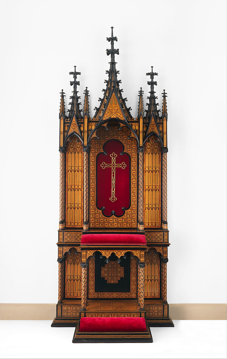 Prie-dieu, Stammer &amp; Breul (active mid-19th century), Oak and pine veneered with rosewood, tulipwood, ebony and ebonized wood, and micromosaic decoration of various natural and stained woods; modern silk-velvet; coated brass, Austrian, Vienna