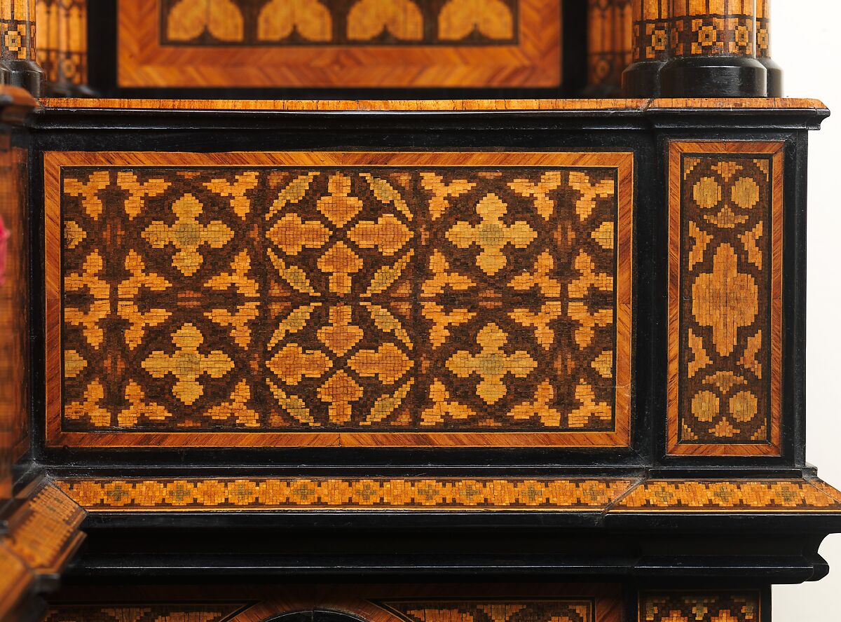 Prie-dieu, Stammer &amp; Breul (active mid-19th century), Oak and pine veneered with rosewood, tulipwood, ebony and ebonized wood, and micromosaic decoration of various natural and stained woods; modern silk-velvet; coated brass, Austrian, Vienna