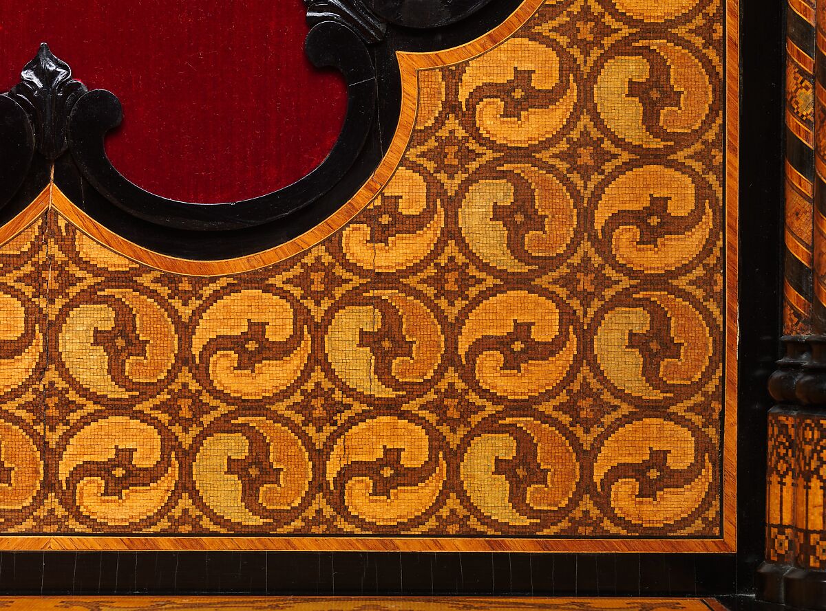 Prie-dieu, Stammer &amp; Breul (active mid-19th century), Oak and pine veneered with rosewood, tulipwood, ebony and ebonized wood, and micromosaic decoration of various natural and stained woods; modern silk-velvet; coated brass, Austrian, Vienna