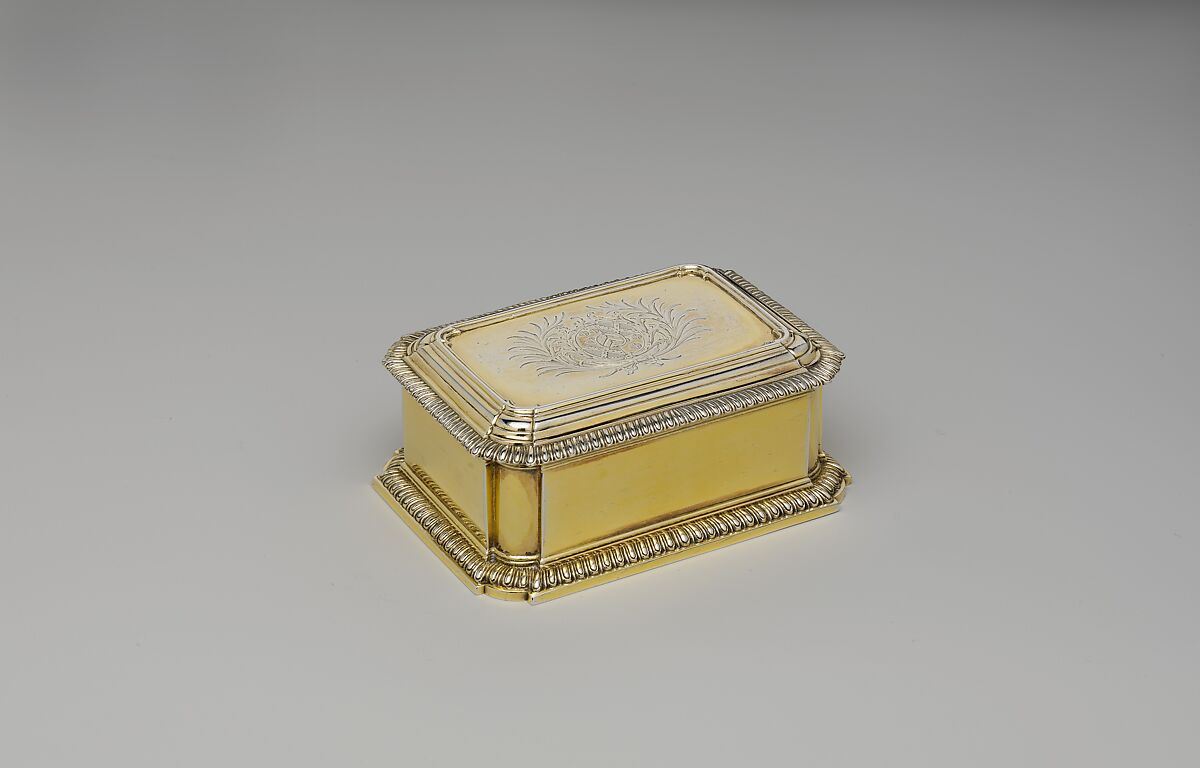 Toilet box (one of a pair) (part of a set), John Parker (British, active 1759–77), Silver gilt, British, London 